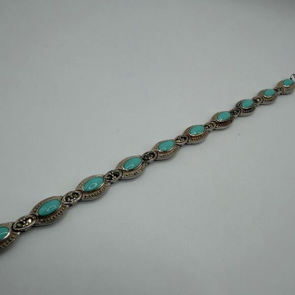 925 Sterling Silver Turquoise Bracelet 6.2 Inch Delicate Blue Stone Jewelry - Picture 3 of 7